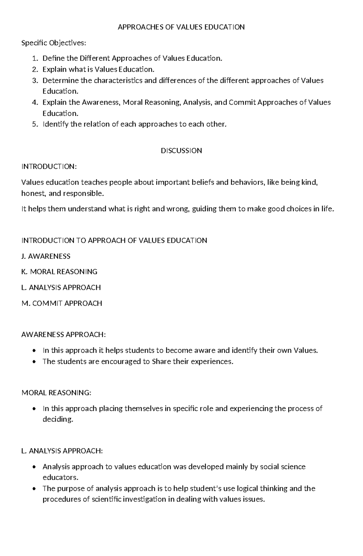 Approaches OF Values Education Final Handout APPROACHES OF VALUES