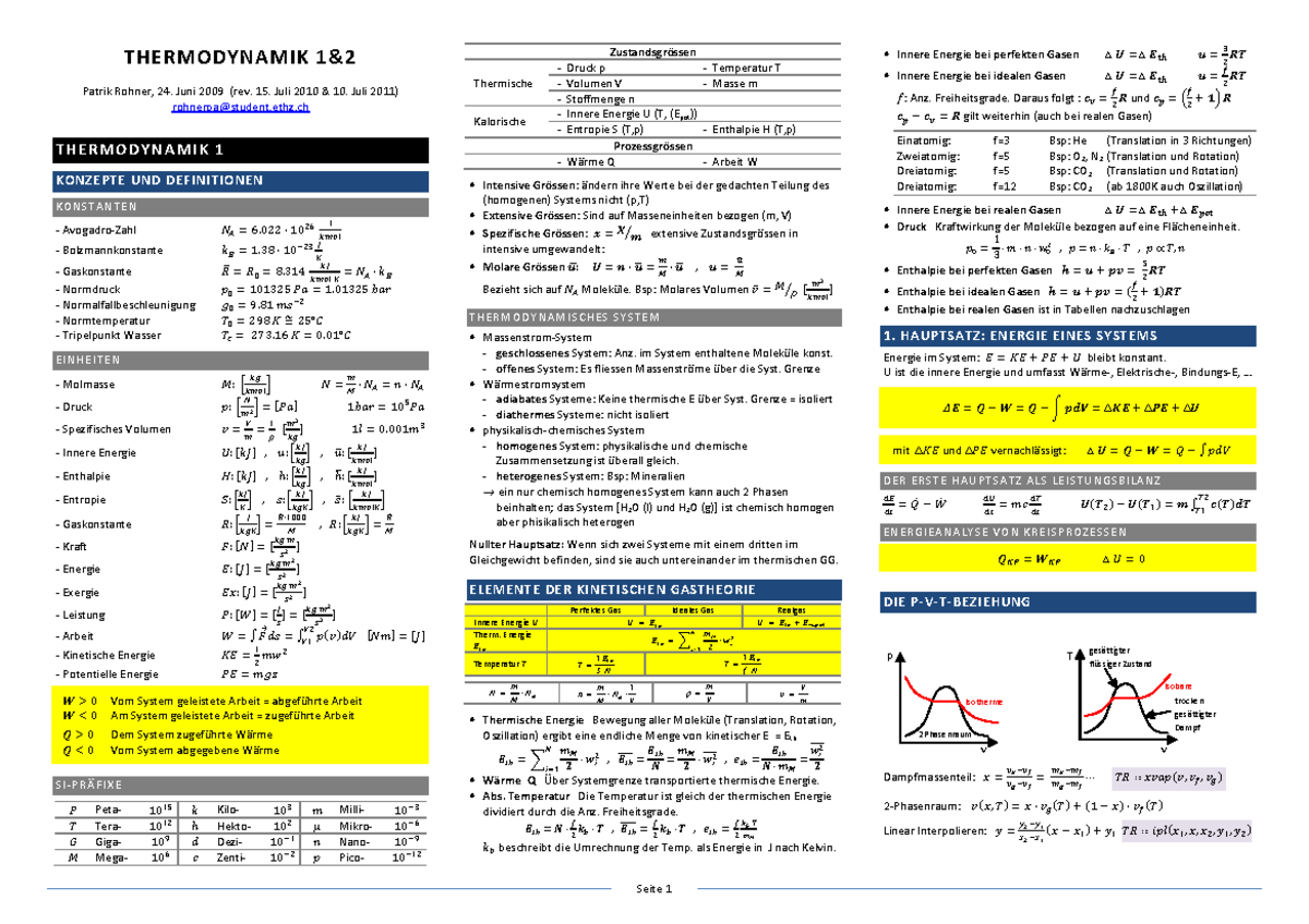 Thermodynamik 1 Thermodynamik 2 Formelsammlung Thermodynamik Amp Patrik Studocu