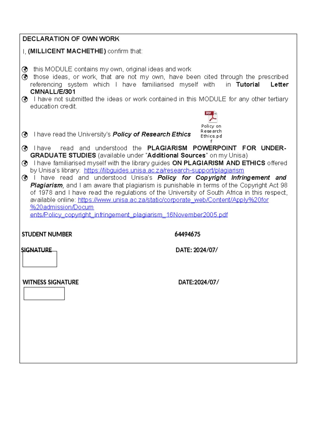 Declaration Form - Assignments - DECLARATION OF OWN WORK I, (MILLICENT ...