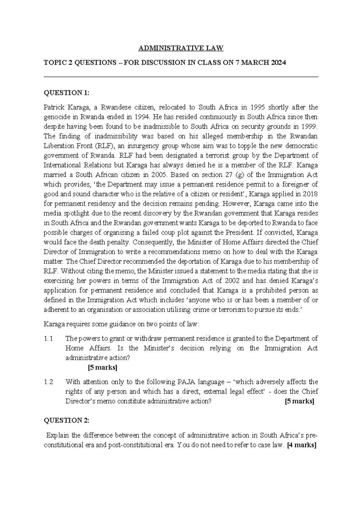 Topic 2 Revision questions - ADMINISTRATIVE LAW TOPIC 2 QUESTIONS – FOR ...