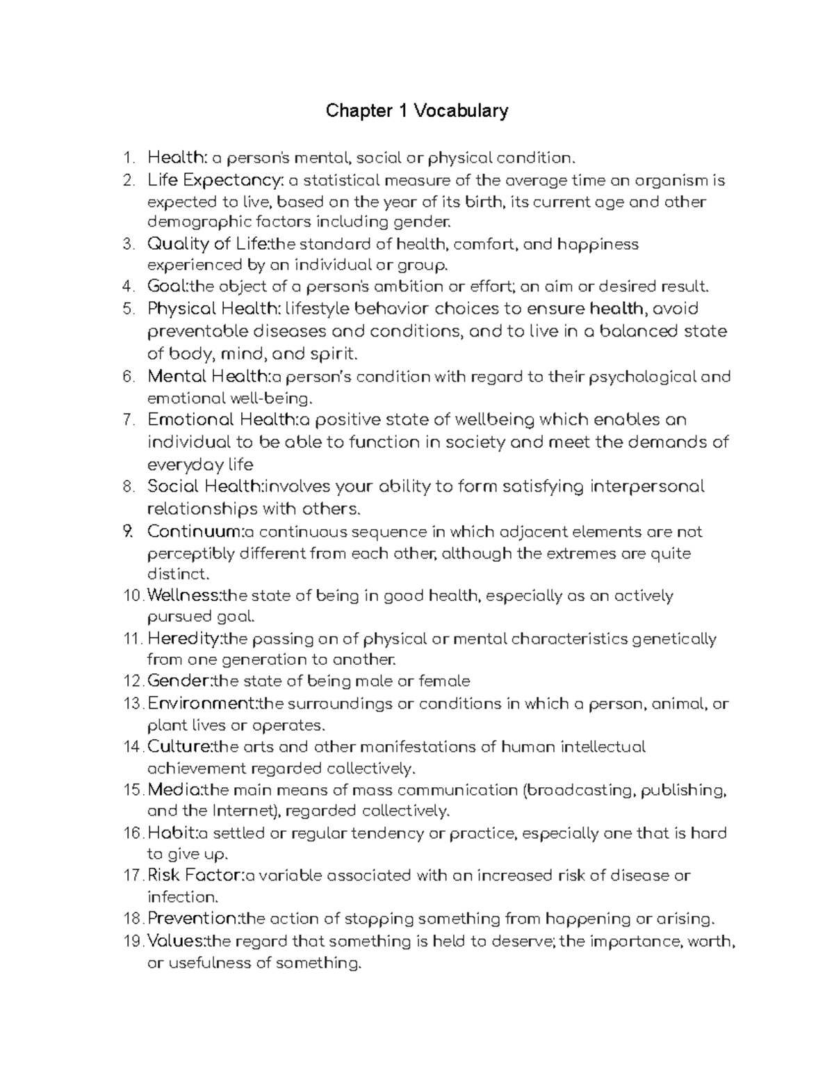 Personal Health Chapter 1 Vocabulary - Chapter 1 Vocabulary 1. Health:a ...