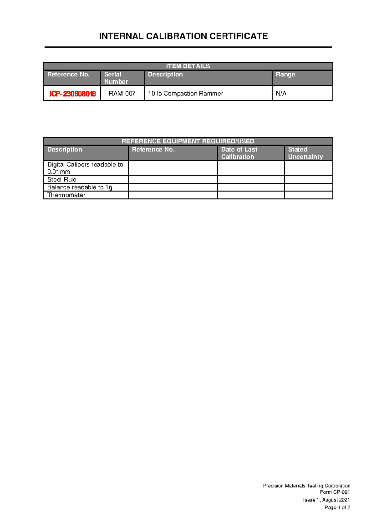 Form CP001 10lb Compaction Rammer INTERNAL CALIBRATION CERTIFICATE Form CP Issue 1 , August