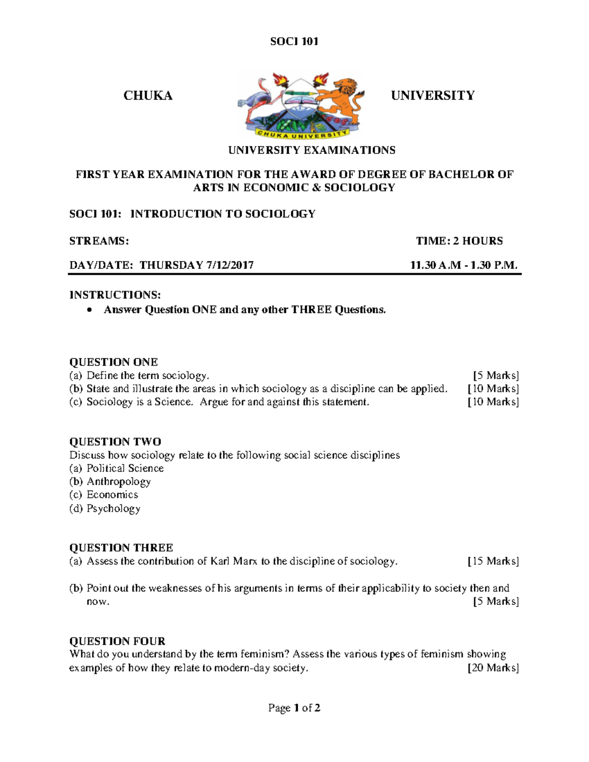 SOCI 101 - Lecture Notes 1,2-3,6 - SOCI 101 Page 1 Of 2 CHUKA ...