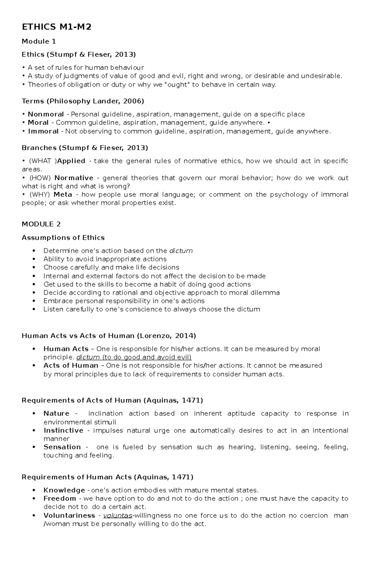 Ethics - my notes you're welcome - ETHICS M1-M Module 1 Ethics (Stumpf ...