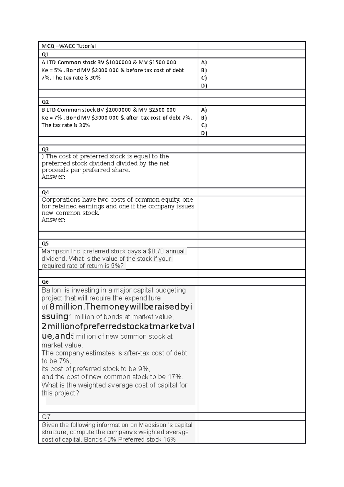 S MCQ -WACC - S MCQ -WACC - MCQ –WACC Tutorial Q A LTD Common stock BV ...