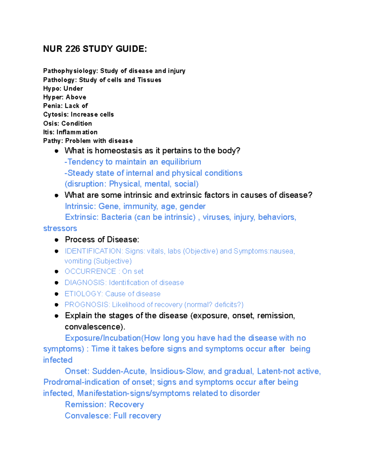 Study Guide 226 - NUR 226 STUDY GUIDE: Pathophysiology: Study Of ...