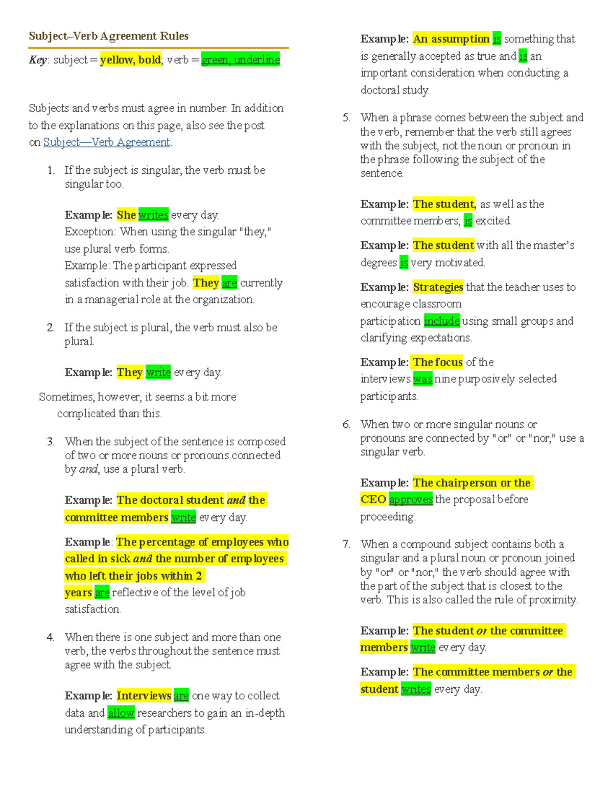 Subject Verb Agreement Rules - Subject–Verb Agreement Rules Key ...