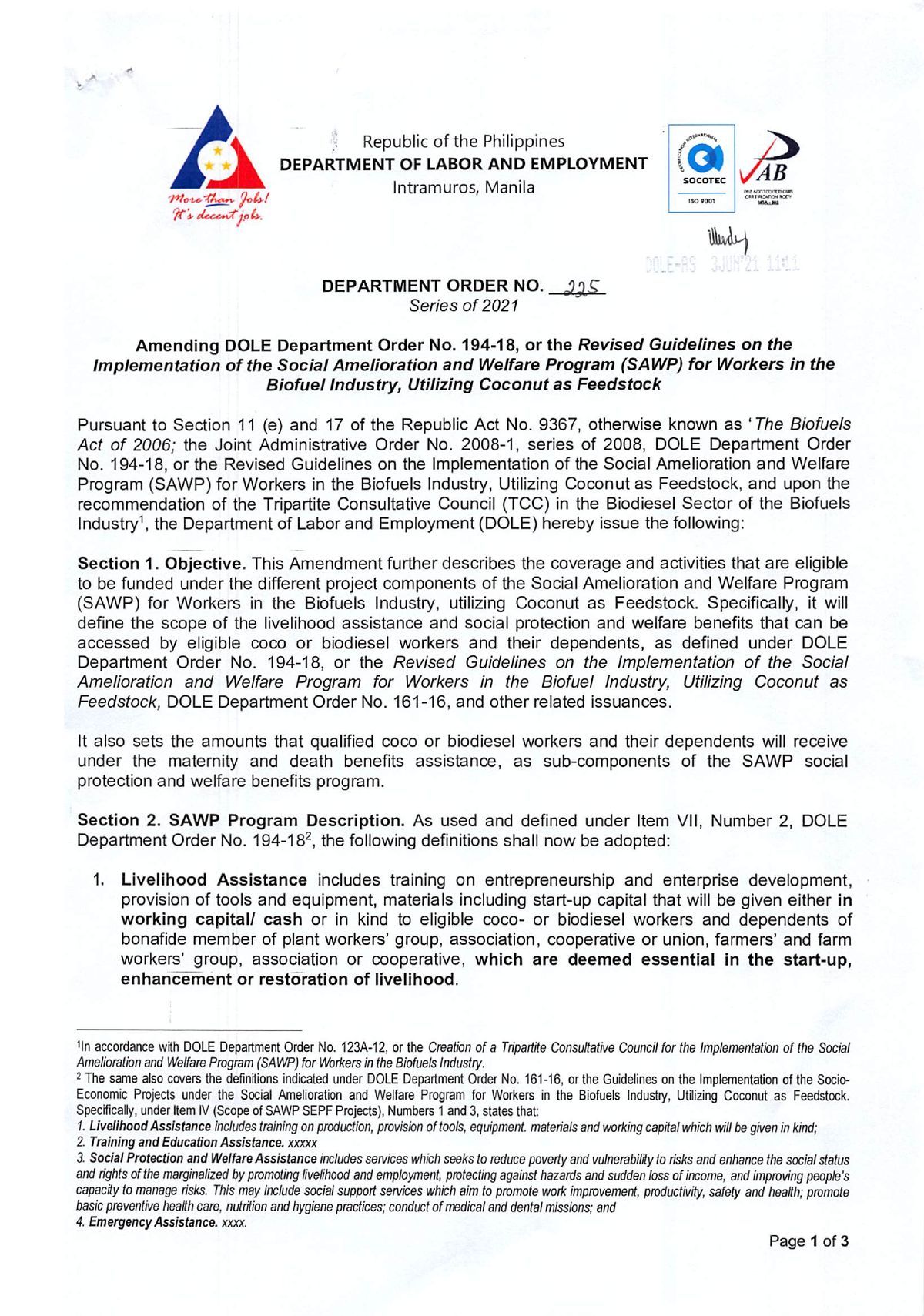 Amending DOLE Department Order No. 194-18, or the Revised Guidelines on ...