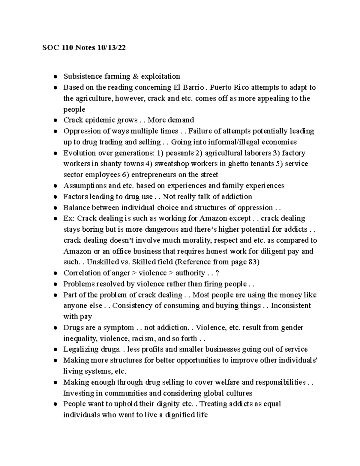 SOC 110 Notes 10 13 22 - SOC 110 Notes 10/13/ Subsistence farming ...