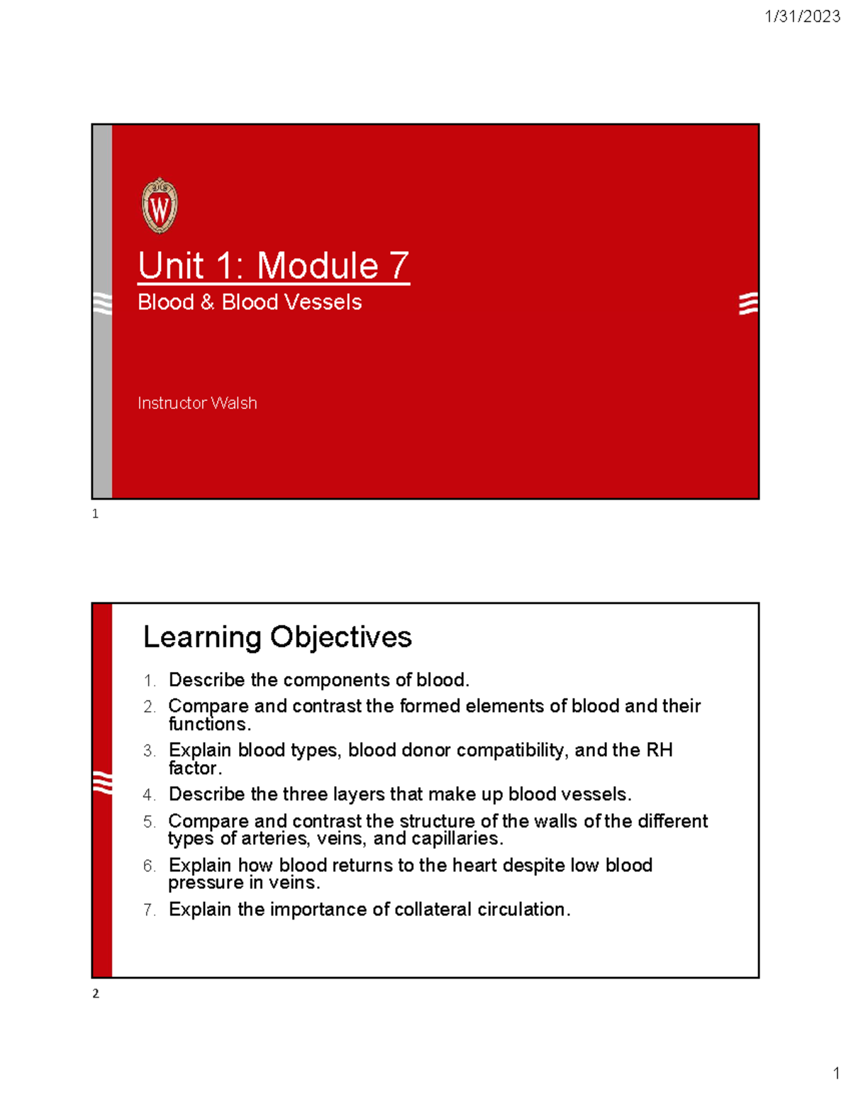 M7 - 2 slides - Unit 1: Module 7 Instructor Walsh Blood & Blood Vessels ...