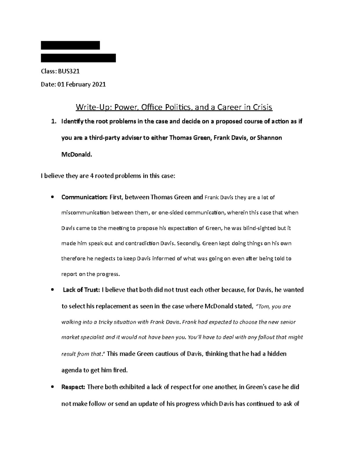 W05 Write Up Case Study Power Office Politics and Career in Crisis ...