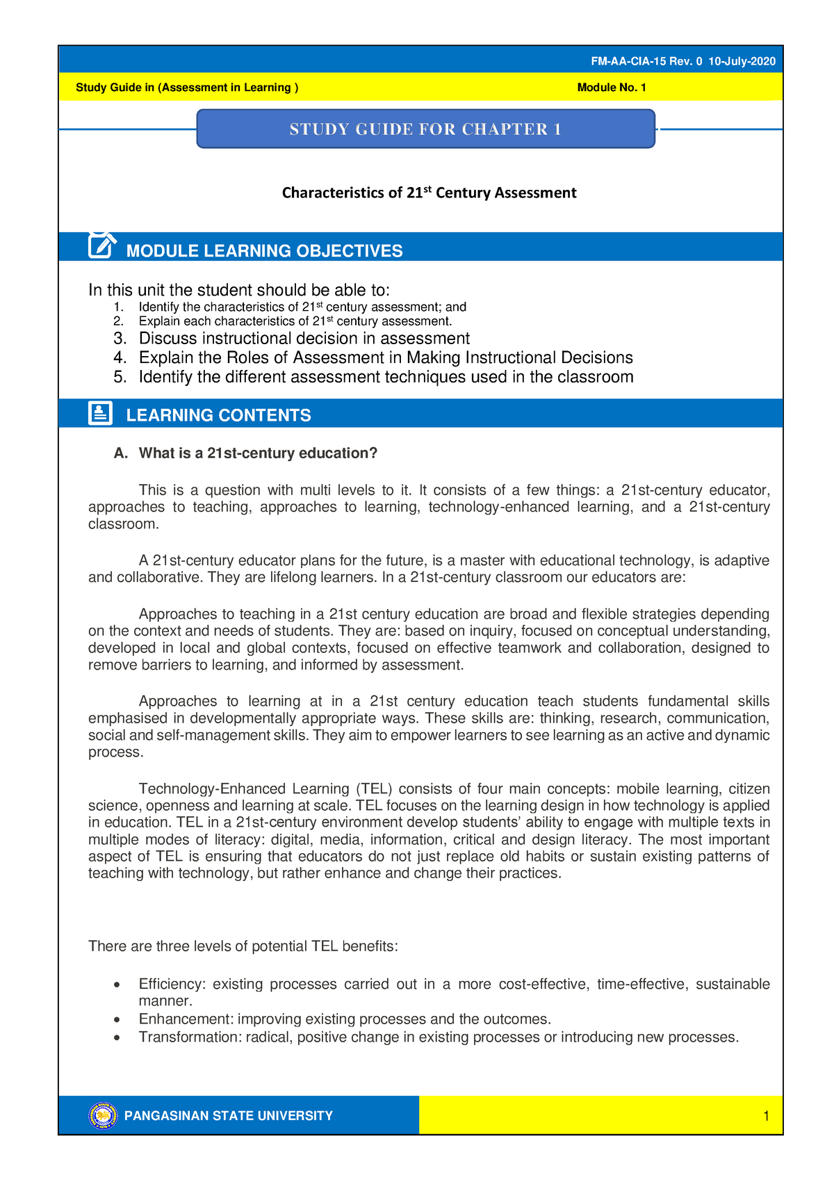 SG 01 Assessment of Learning 2 - 1 FM-AA-CIA-15 Rev. 0 10-July ...