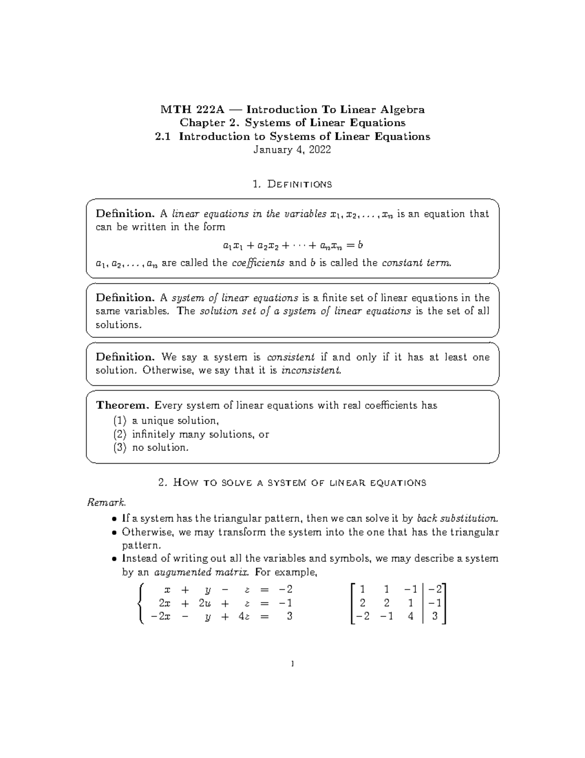 Summ222 2-1 - Lecture Note - MTH 222A — Introduction To Linear Algebra ...