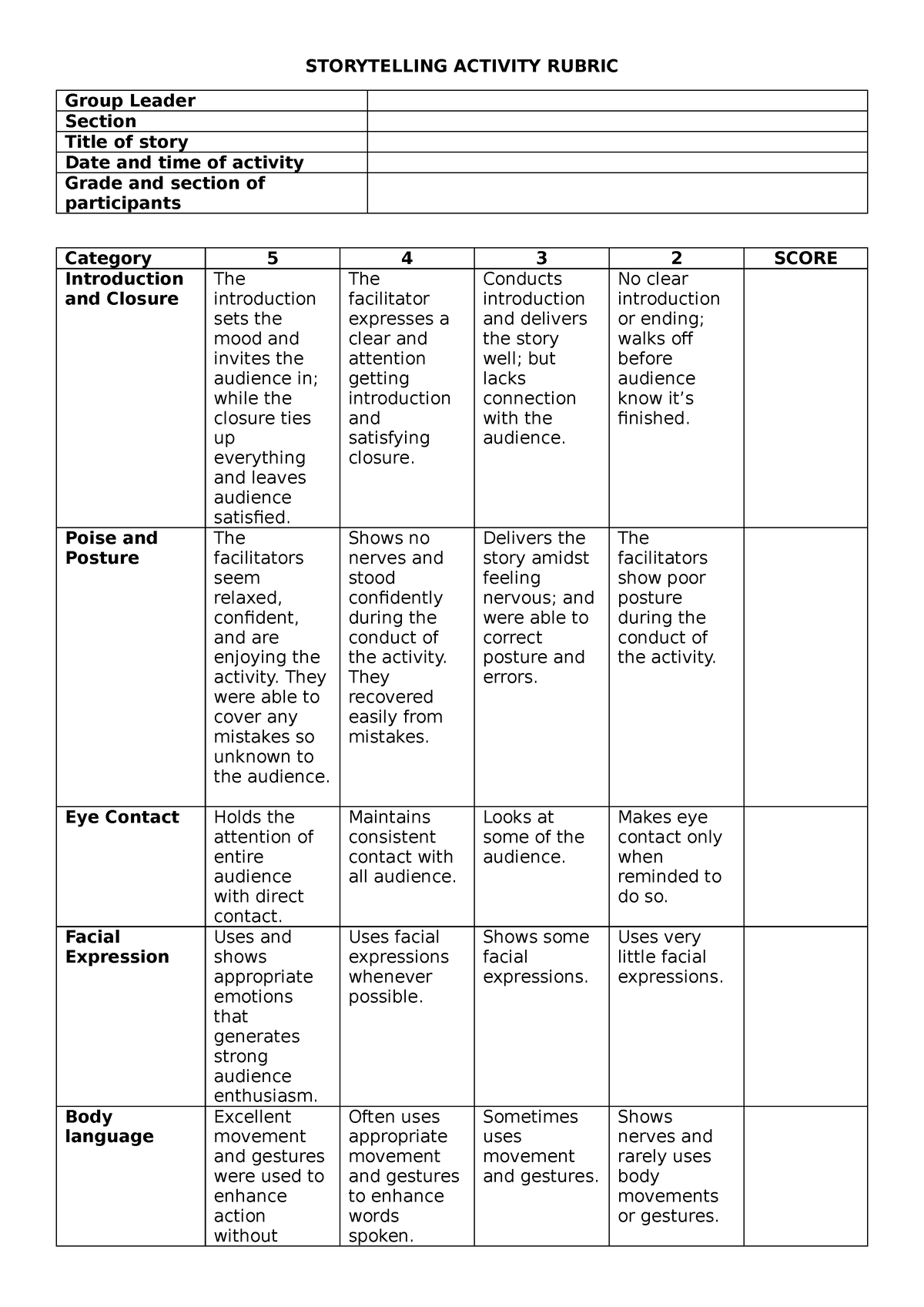 Storyteling Activity Rubric - STORYTELLING ACTIVITY RUBRIC Group Leader ...