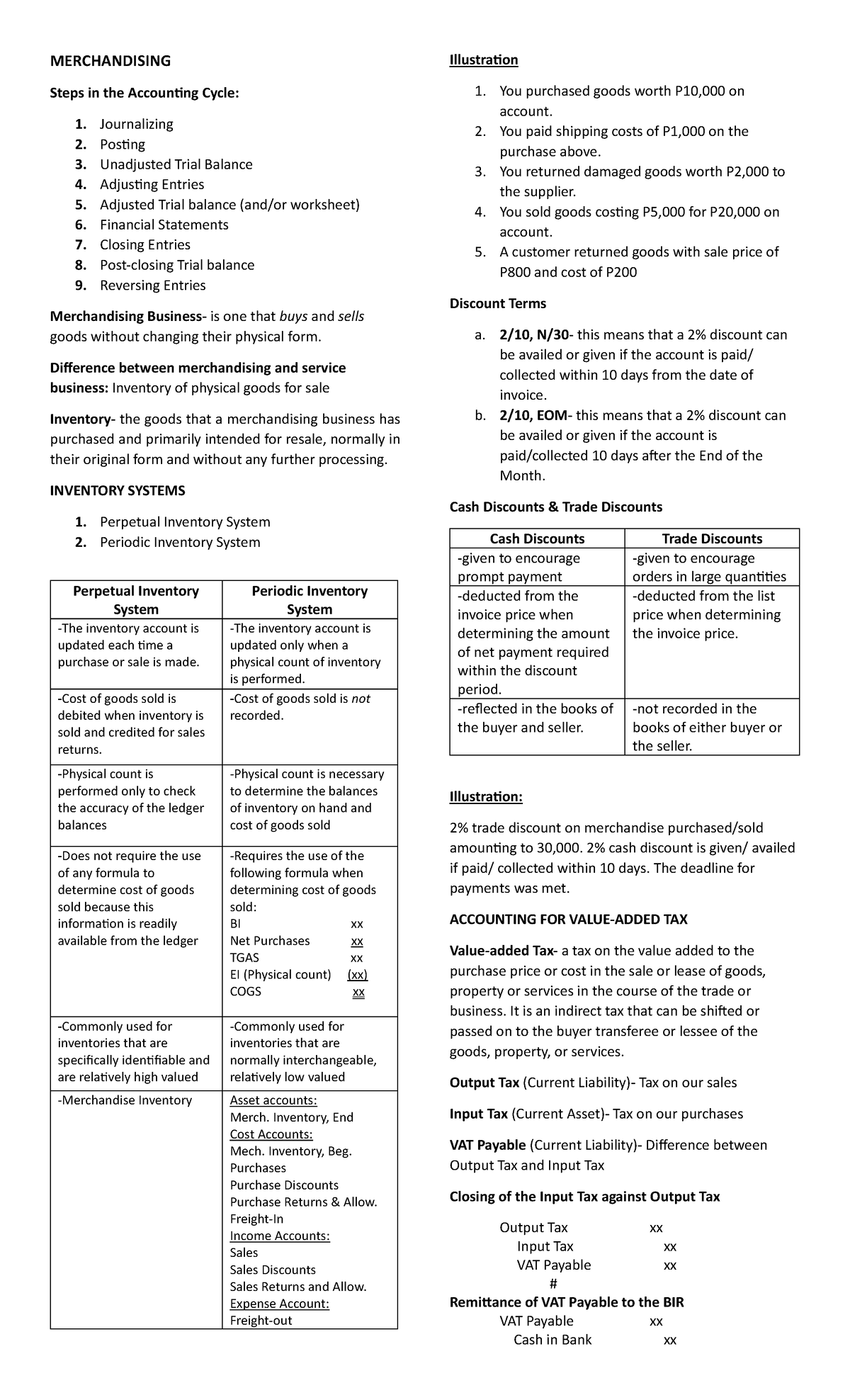 Merchandising-Notes - MERCHANDISING Steps in the Accounting Cycle: 1 ...