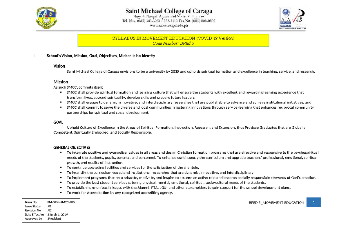 Copy of Movement Education - Form No. :FM-DPM-SMCC-PRS Issue Status ...
