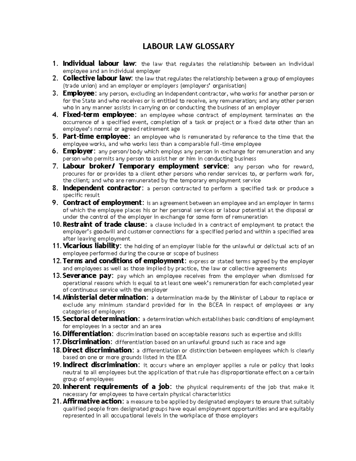 Labour LAW Glossary LABOUR LAW GLOSSARY Individual labour law the