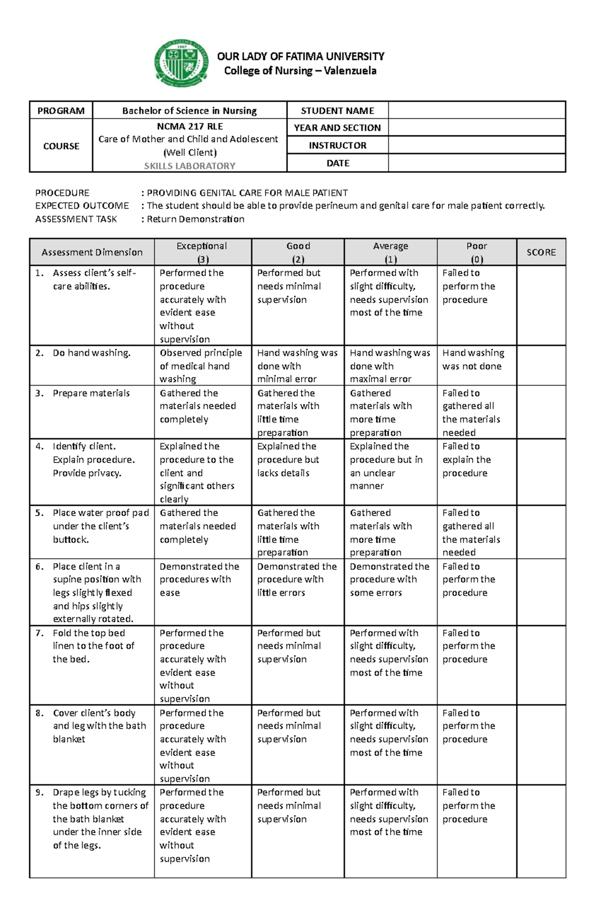 Rubrics Providing Genital Care For Male Patient Our Lady Of Fatima University College Of 