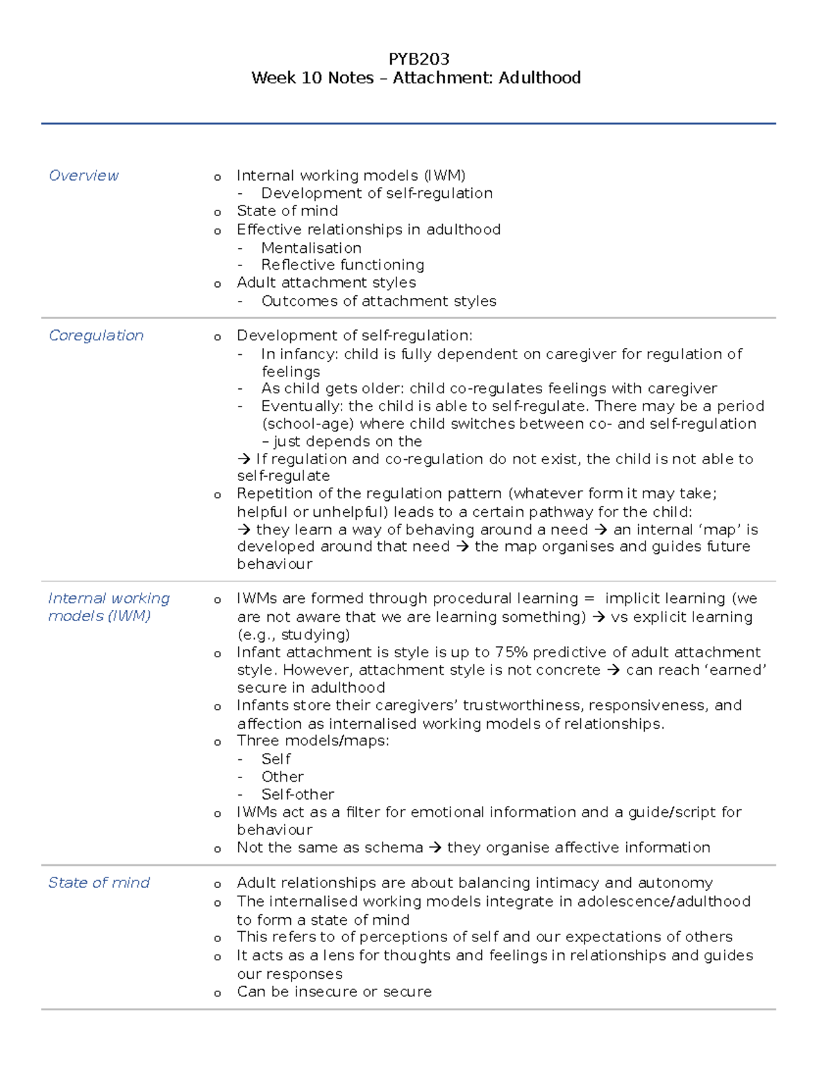 Week 10 Notes - Attachment - Adulthood - PYB Week 10 Notes – Attachment ...