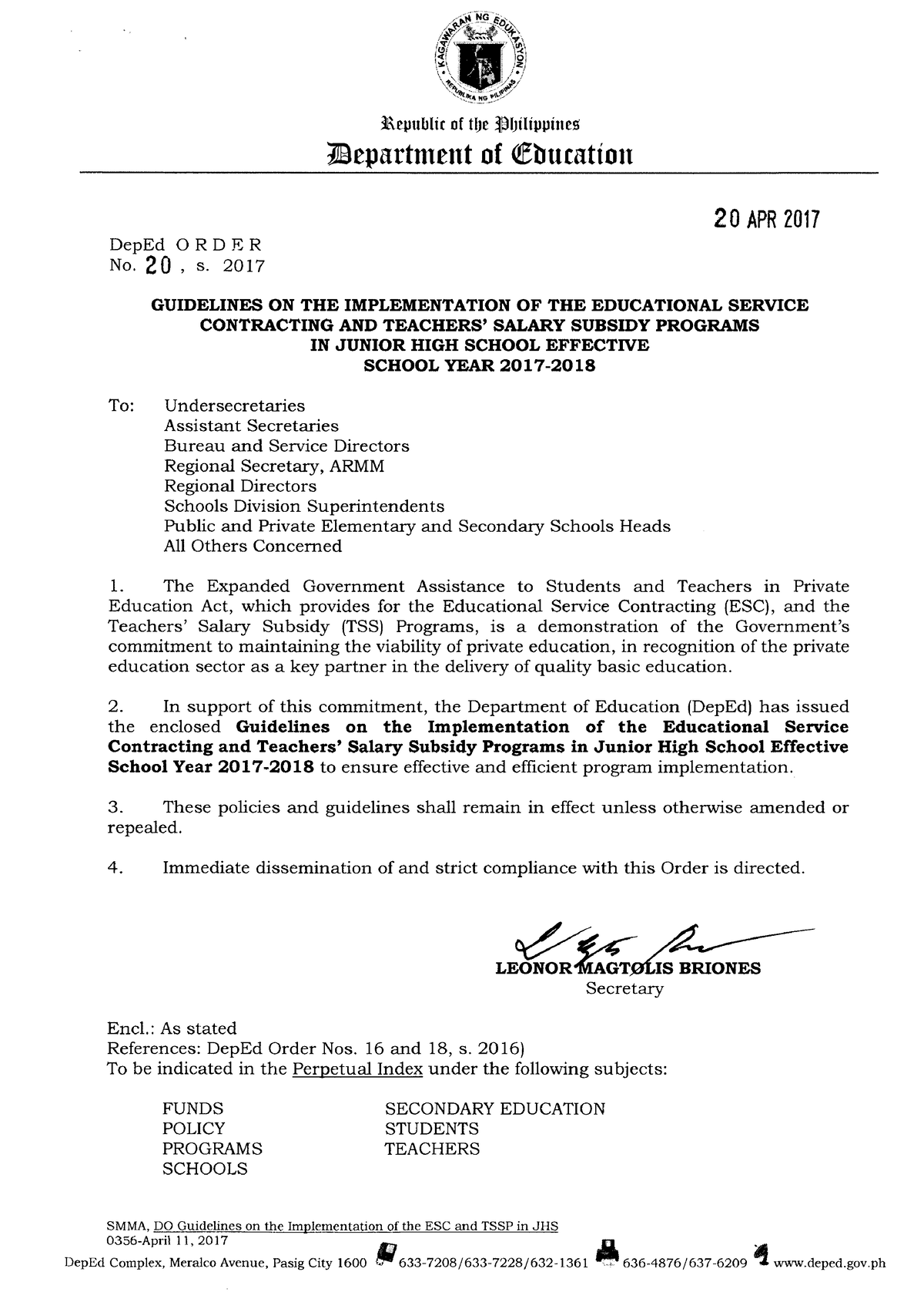 DO s2017 020 - Deped order - Engineering - (Enclosure to DepEd Order No ...