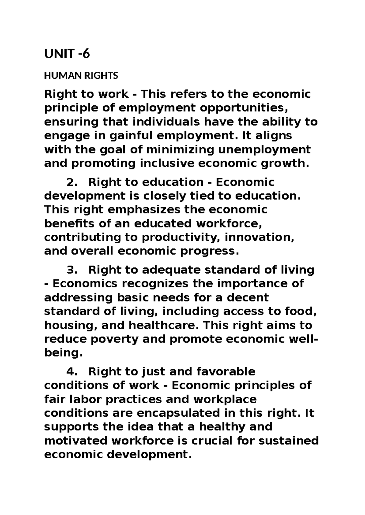 ECO UNIT 6 - Easy notes - UNIT - HUMAN RIGHTS Right to work - This ...