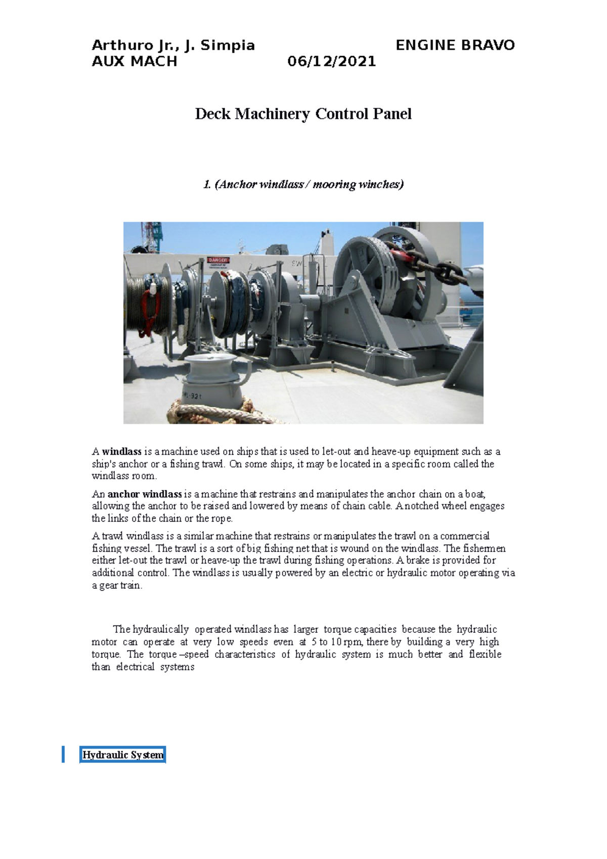 Deck Machinery Control Panel Arthuro Jr., J. Simpia ENGINE BRAVO AUX