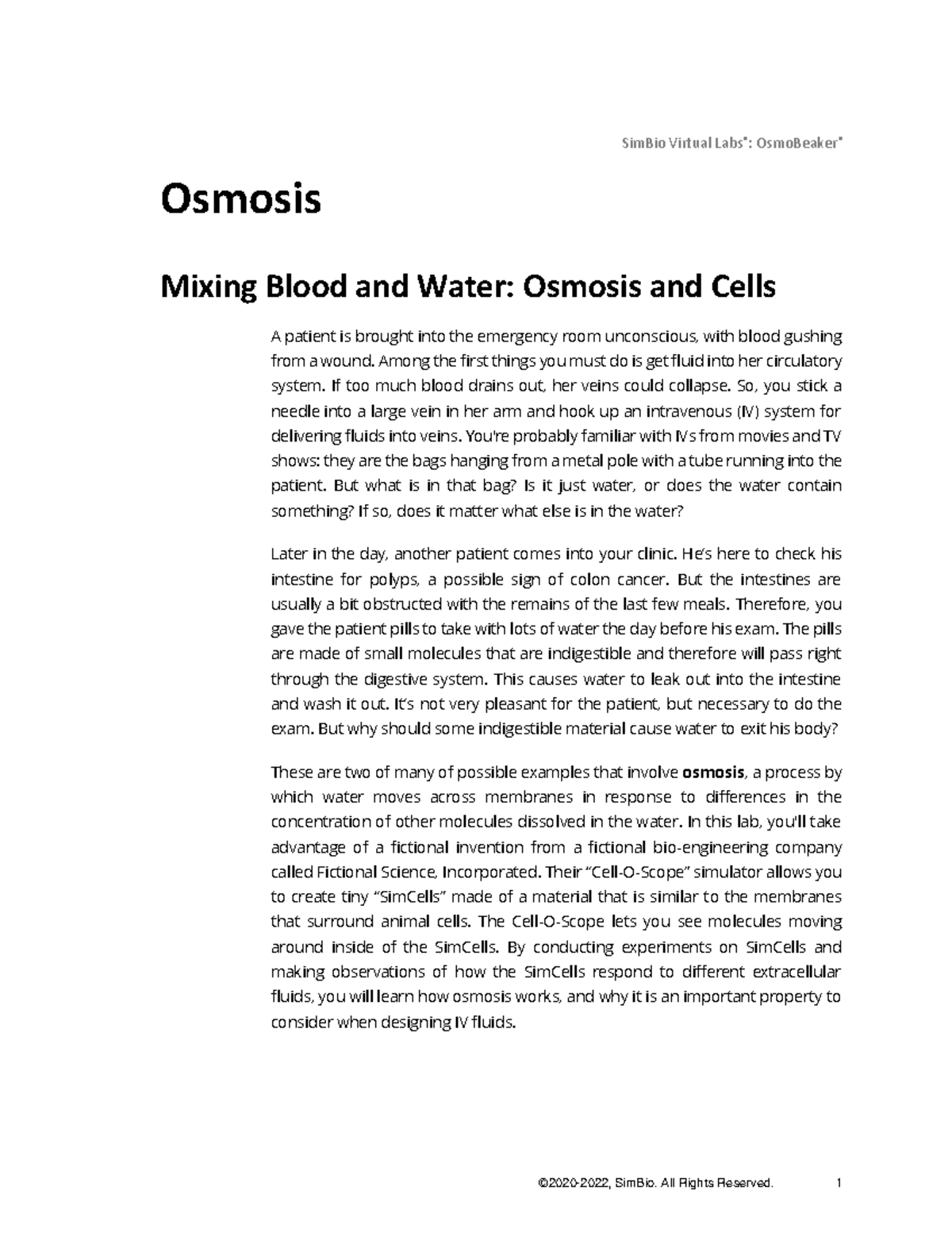 BIO1140 Osmosis Lab SimBio Virtual Labs® OsmoBeaker® Osmosis Mixing Blood and Water Osmosis