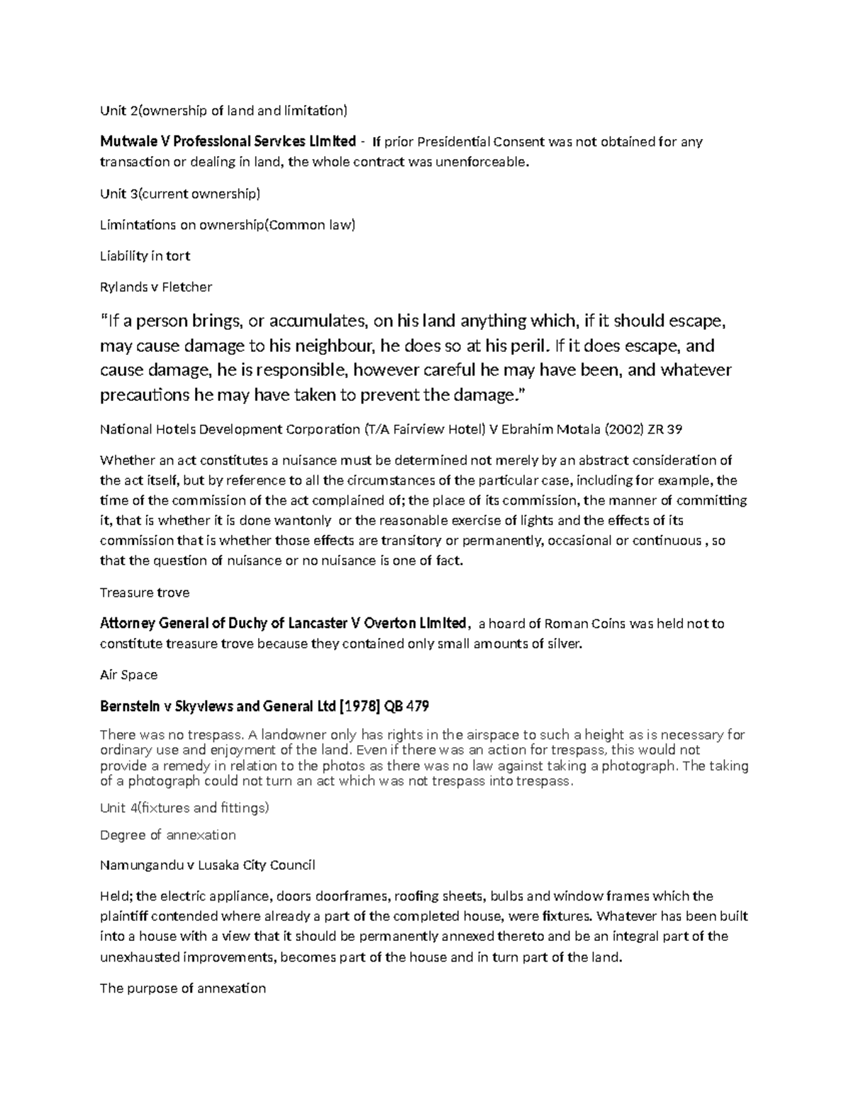 LAND LAW Cases Unit 2(ownership of land and limitation) Mutwale V Professional Services