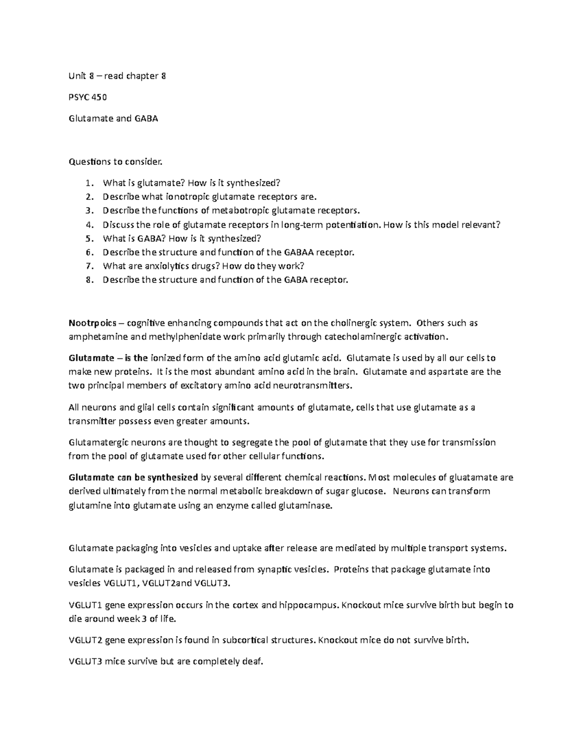 Unit 8 notes - questions to consider - Unit 8 – read chapter 8 PSYC 450 ...