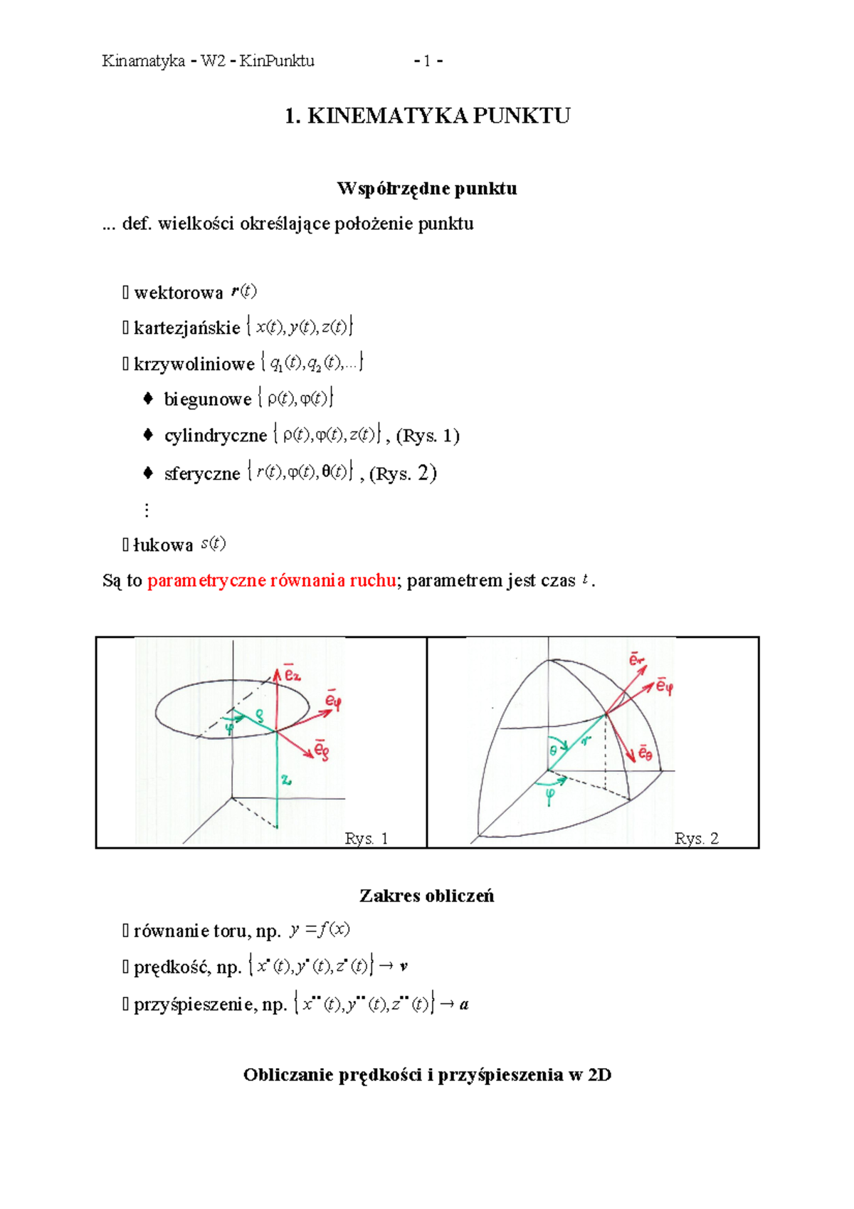 Kinematyka - W2-EN - Kin Punktu - 1. KINEMATYKA PUNKTU Współrzędne ...