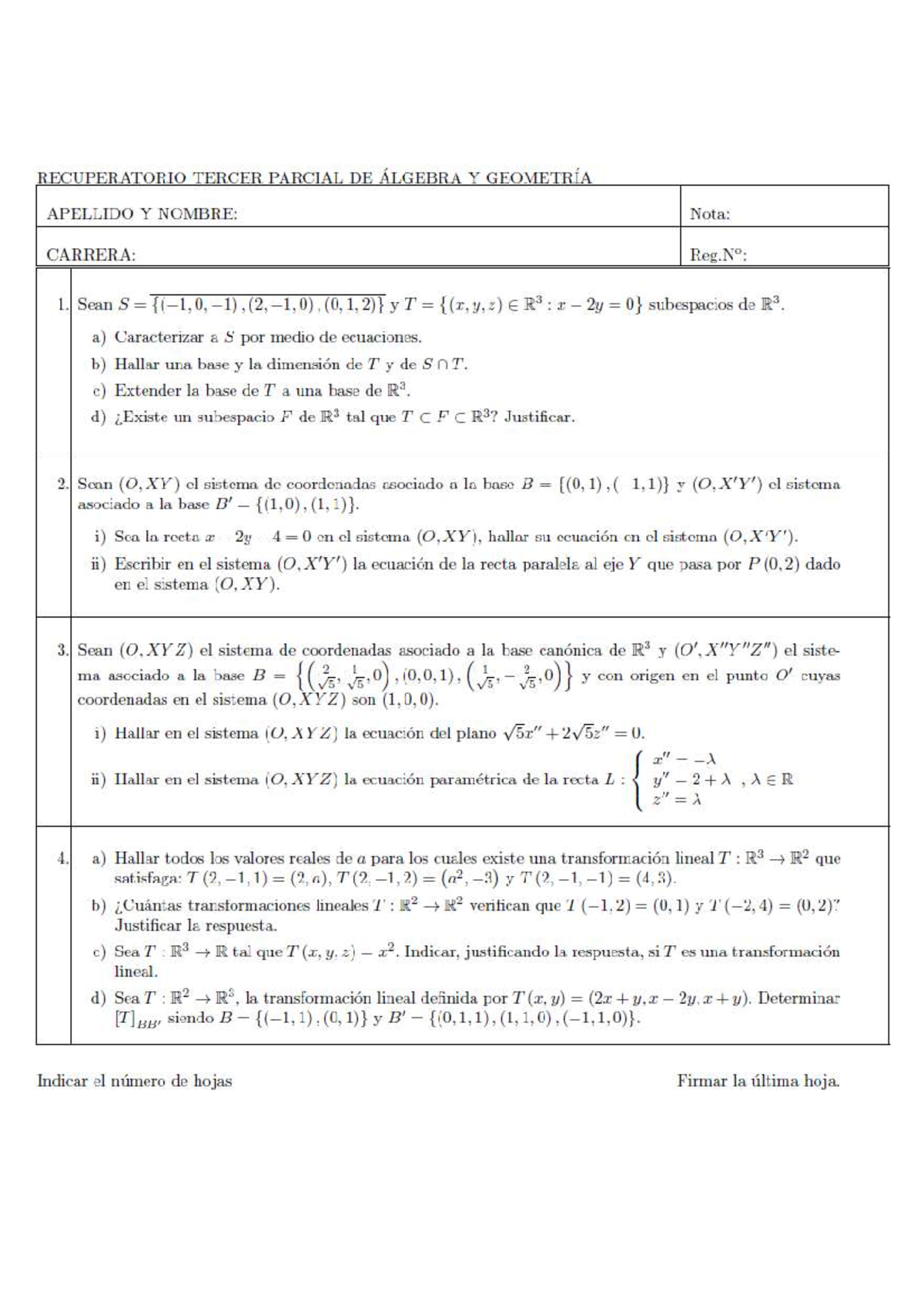 Recuperatorio Tercer Parcial DE AYG - Algebra Y Geometria - Studocu