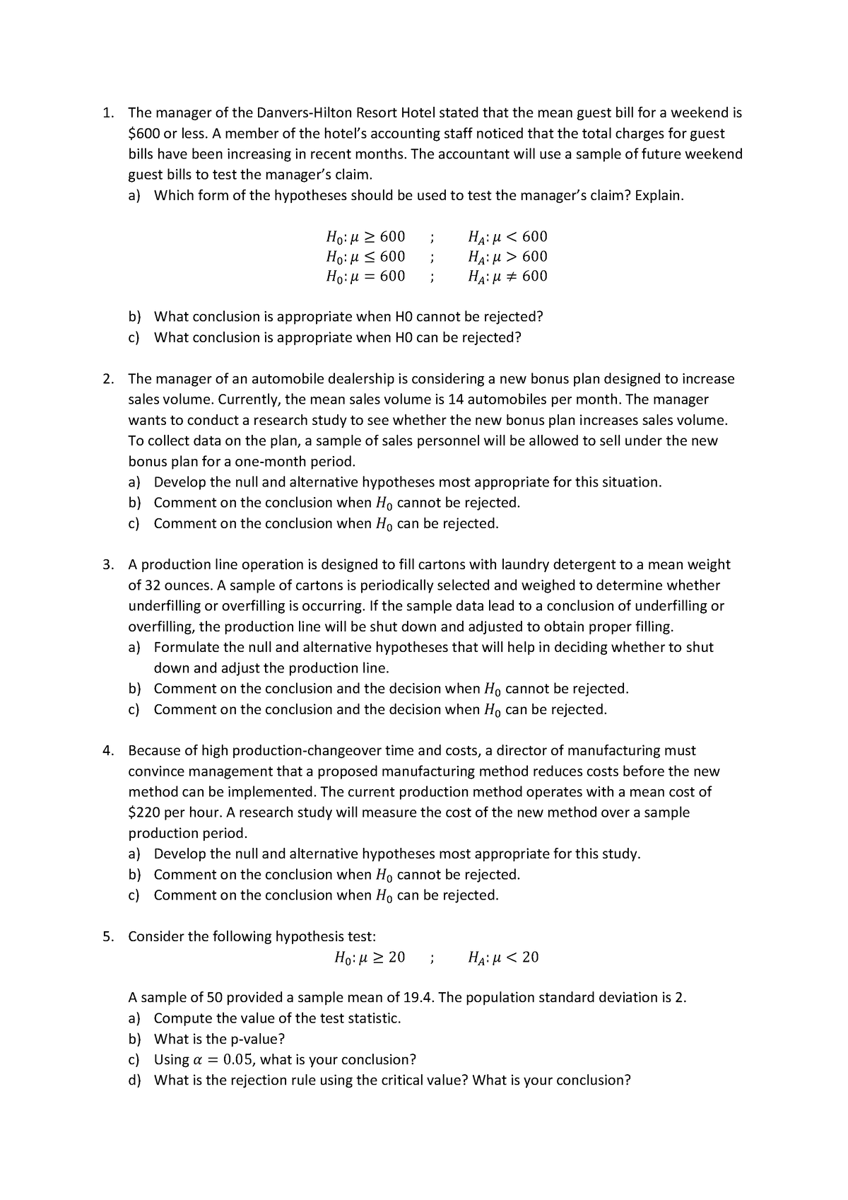 Hypothesis Testing Examples - The manager of the Danvers-Hilton Resort ...