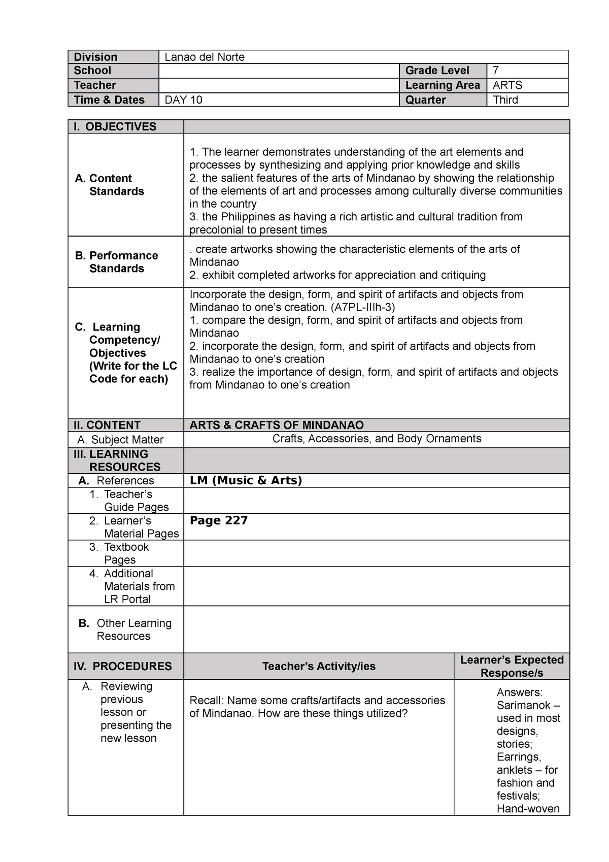 DAY 10DETAILED LESSON PLAN - Division Lanao del Norte School Grade ...