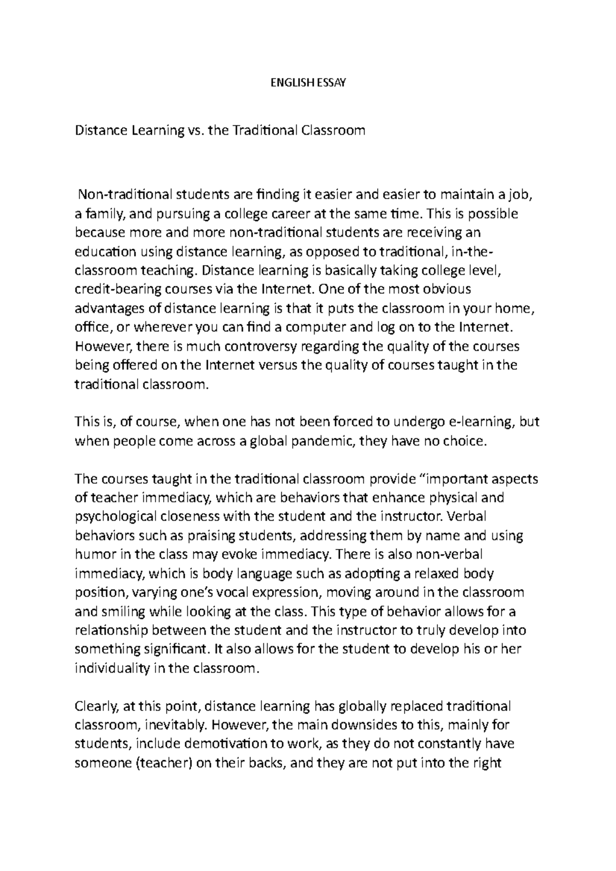 English Essay. Parth Pandya - ENGLISH ESSAY Distance Learning vs. the ...