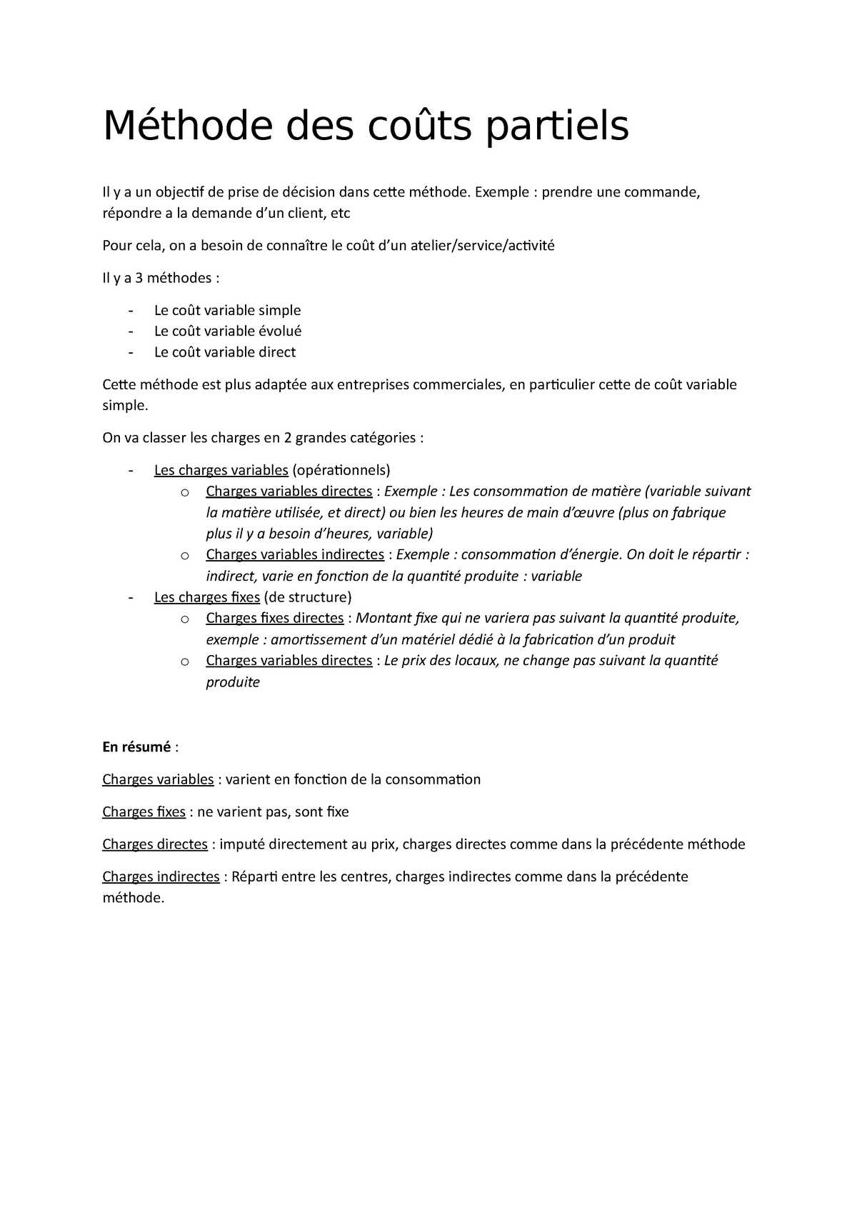 Cours 2 Autres Methodes Methode Des Couts Partiels Il Y A Un Objectif De Prise De Decision Dans Studocu