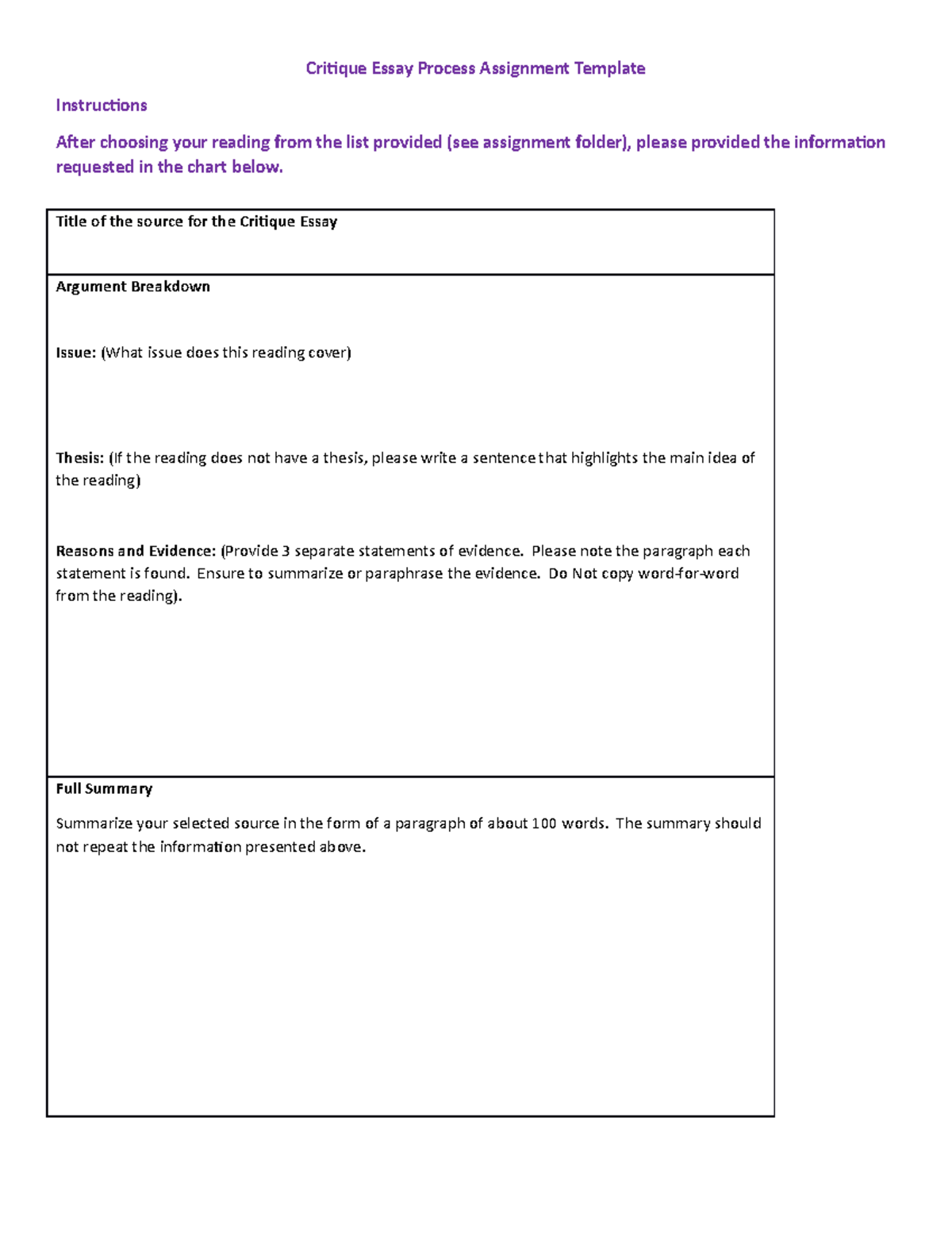 critique essay process assignment template