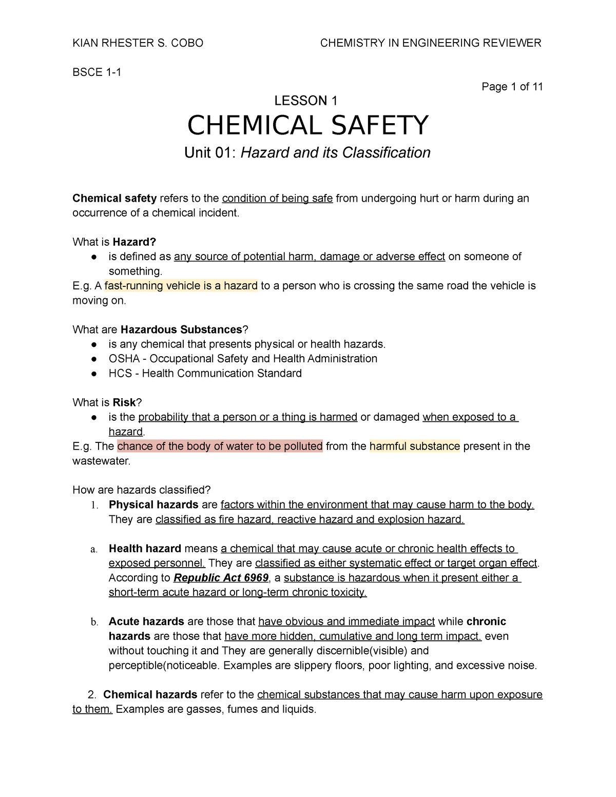 CHEM Reviewer - BSCE 1- Page 1 of 11 LESSON 1 CHEMICAL SAFETY Unit 01 ...