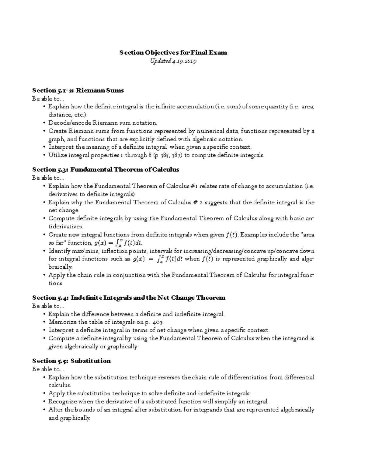 Objectives Final Exam Section Objectives for Final Exam Updated 4