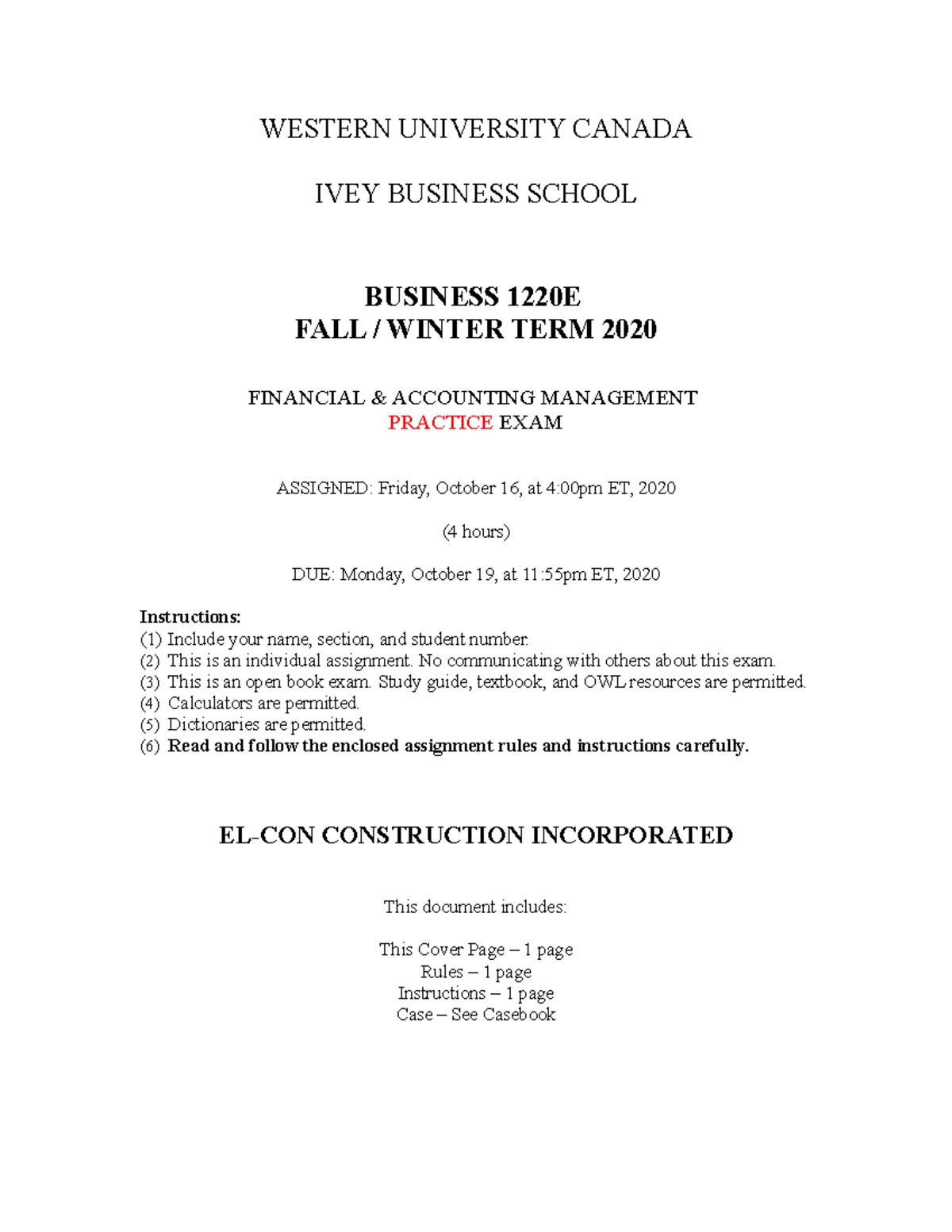 FAM Practice EXAM Rules 2020 WESTERN UNIVERSITY CANADA IVEY BUSINESS SCHOOL BUSINESS 1220E
