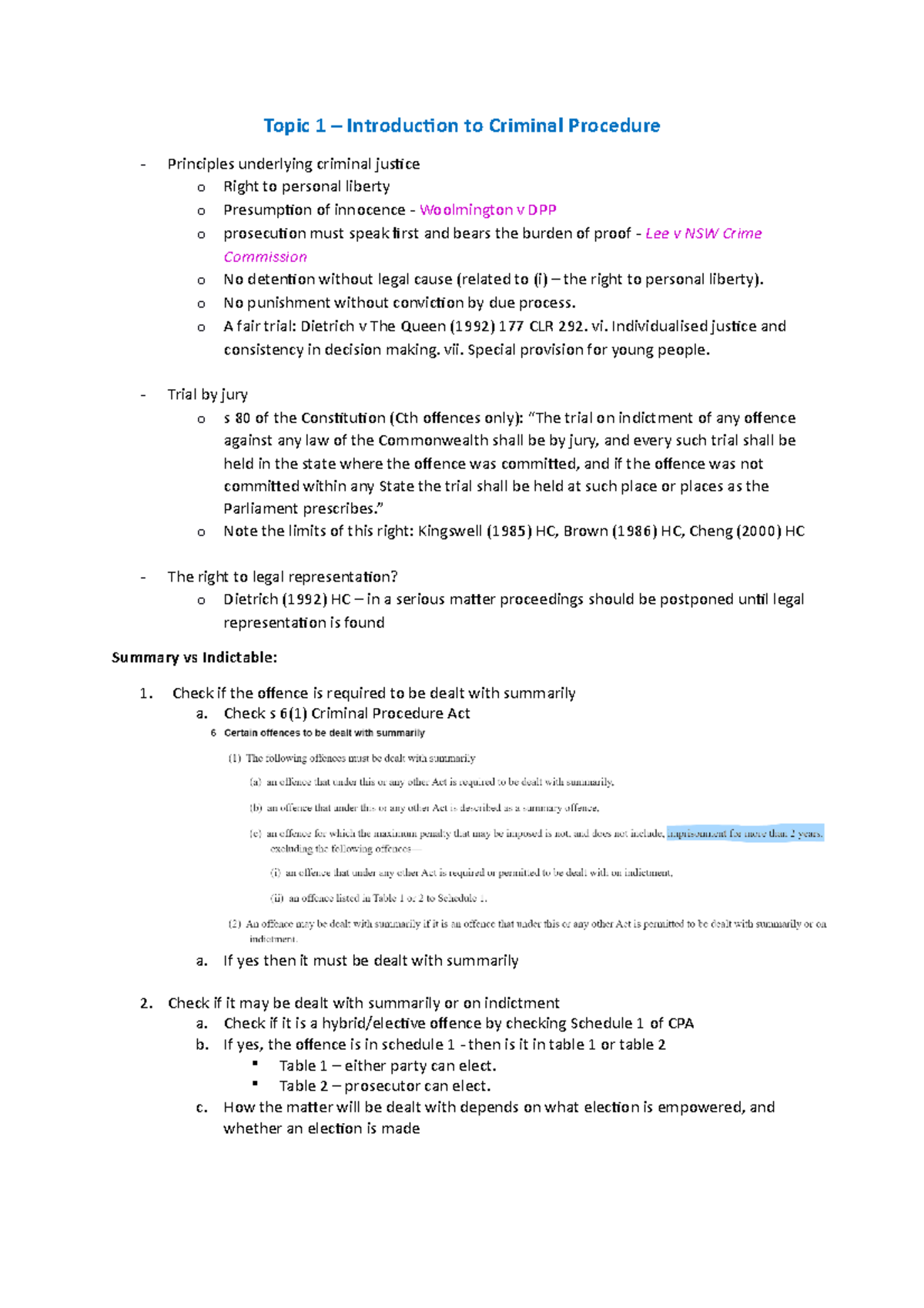 Topic 1 Notes - Topic 1 – Introduction to Criminal Procedure Principles ...