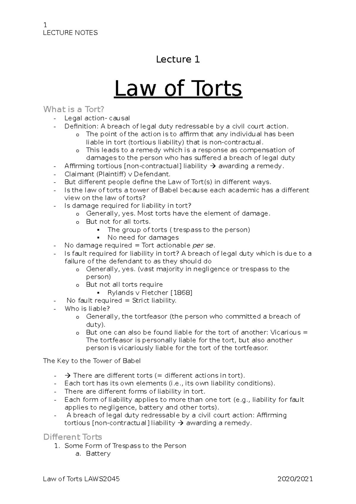 Lecture Notes 1-10 - LECTURE NOTES Lecture 1 Law Of Torts What Is A ...