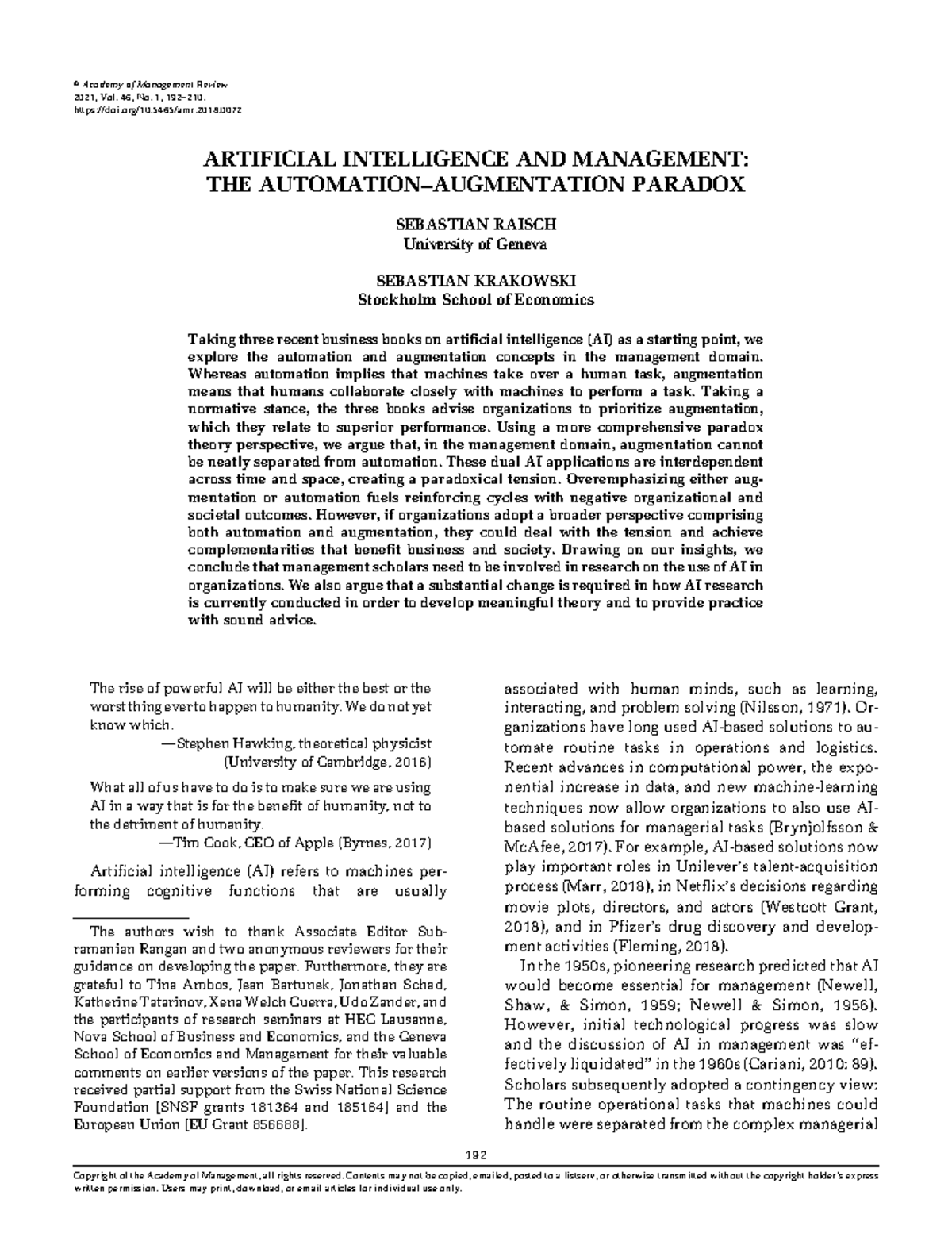 Raisch, S., & Krakowski, K. - 2022 Artificial intelligence - r Academy ...