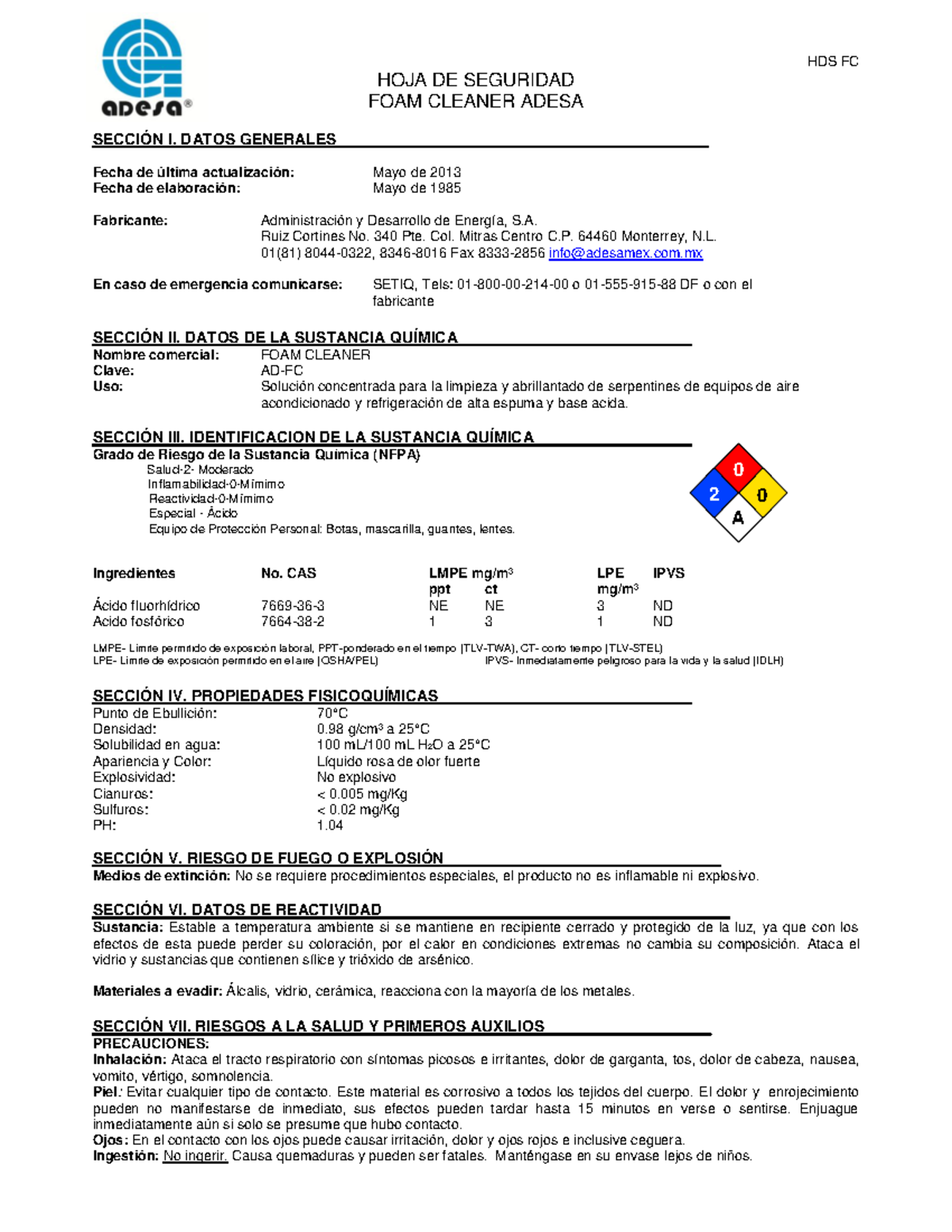 Ficha Tecnica FOAM Cleaner HDS FC HOJA DE SEGURIDAD FOAM CLEANER