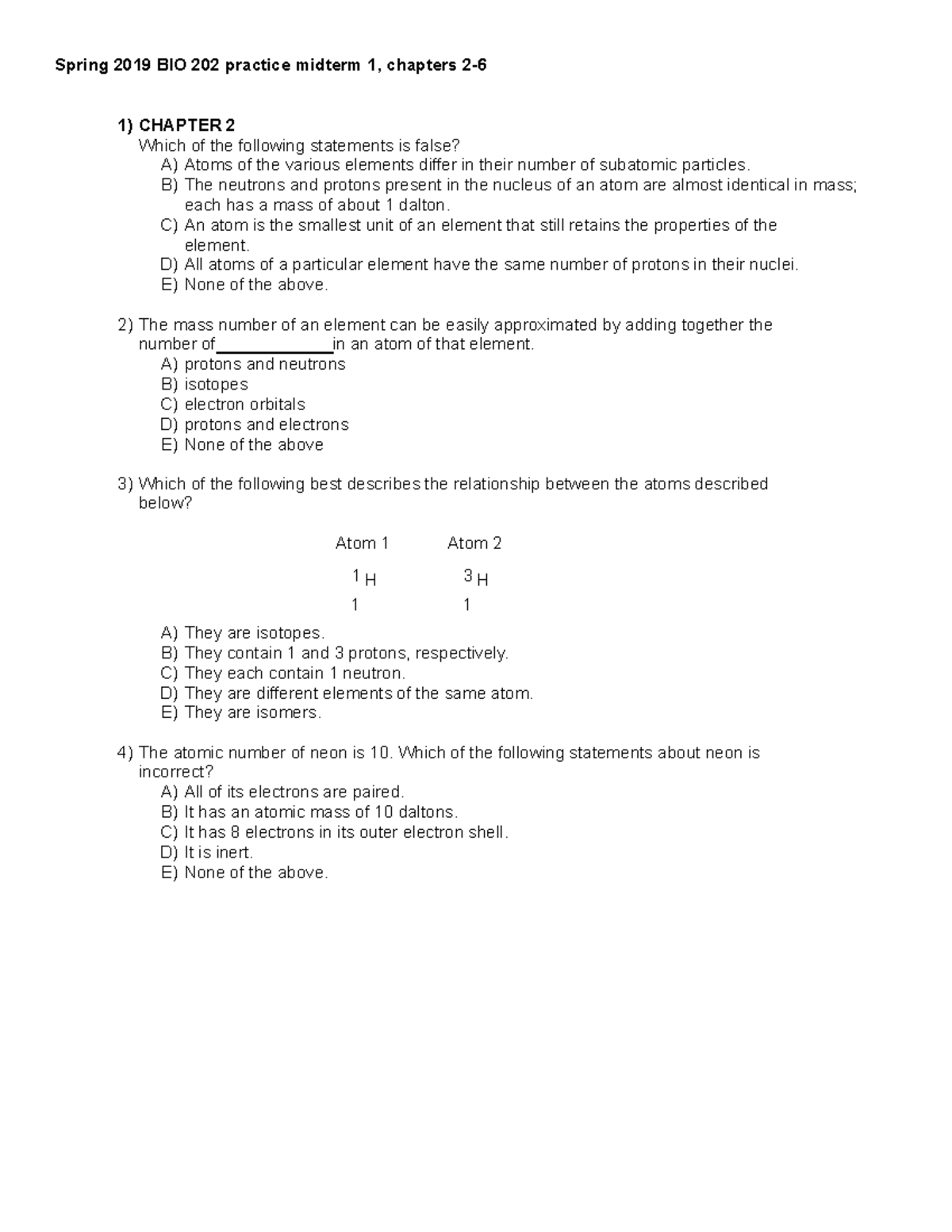 BIO 202 practice Exam 1 Spring 2019 BIO 202 practice midterm 1