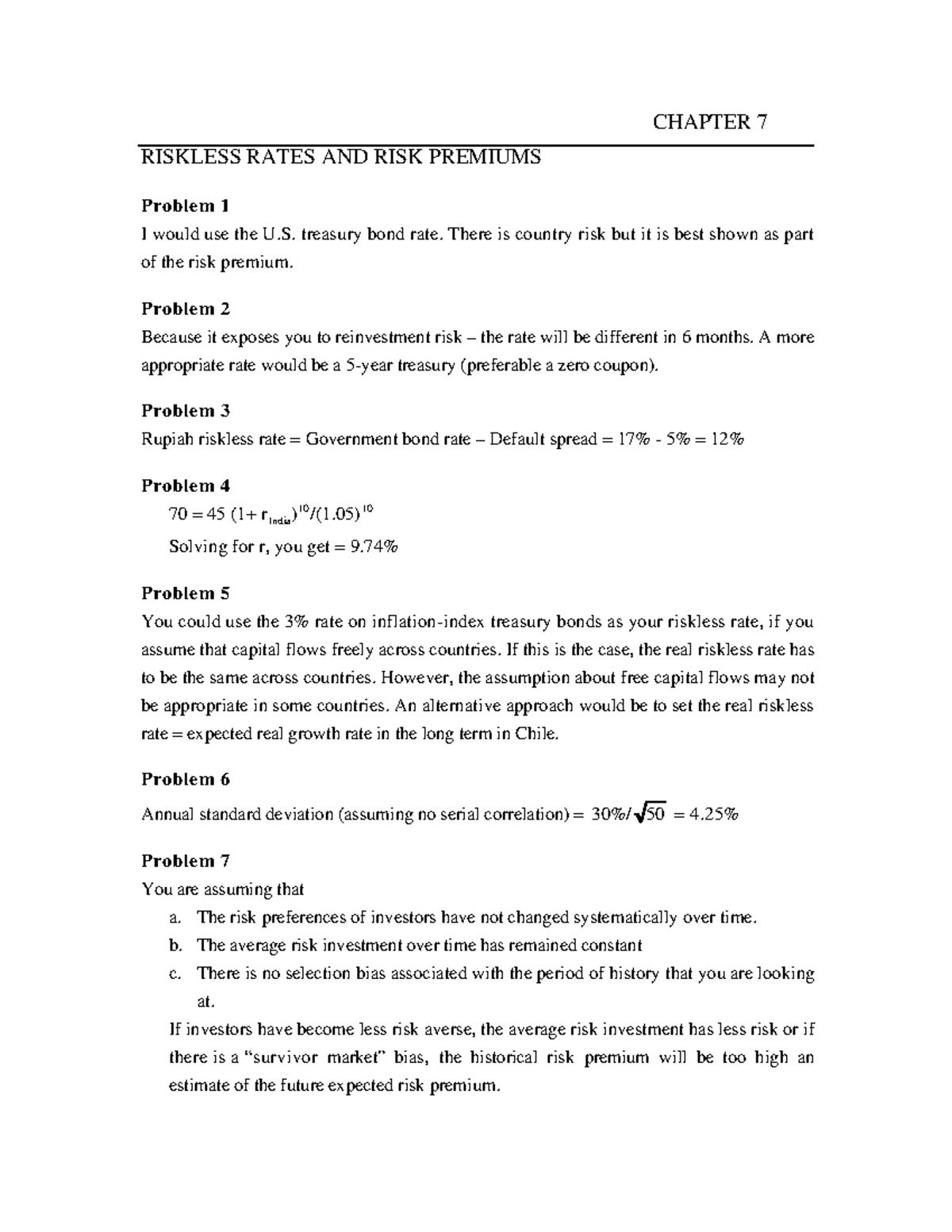 Chapter 7 - Lecture Notes - CHAPTER 7 RISKLESS RATES AND RISK PREMIUMS ...