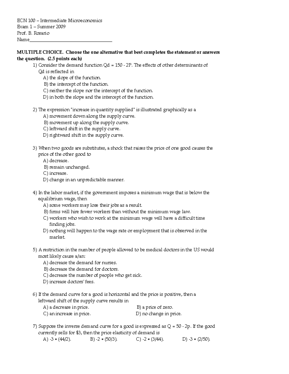 Exam1summer 2019 key - Review - ECN 100 – Intermediate Microeconomics ...