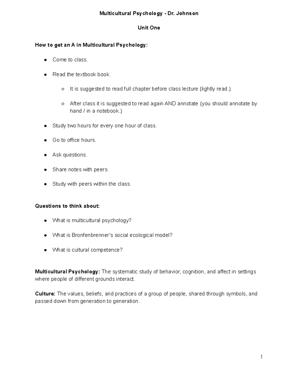 MCP Unit 1 - Lecture notes - Unit One How to get an A in Multicultural ...