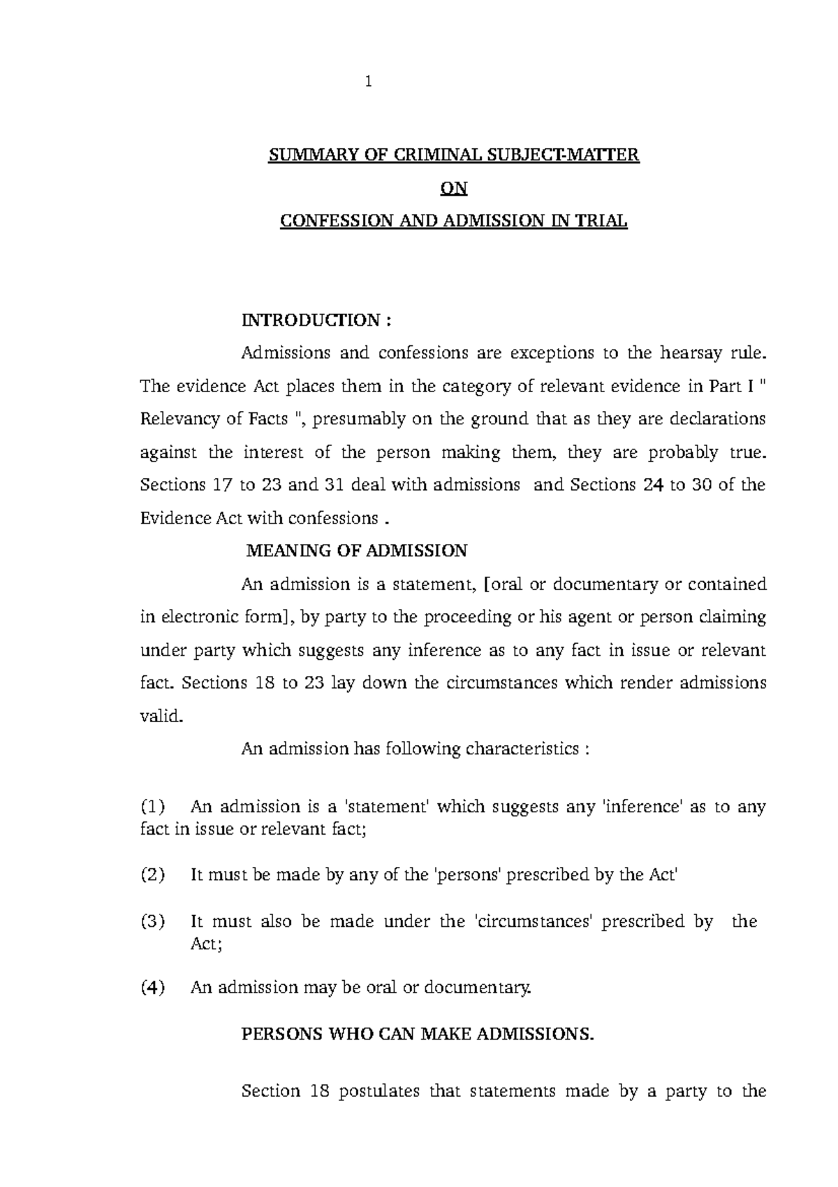 Admission AND Confession - SUMMARY OF CRIMINAL SUBJECT-MATTER ON ...