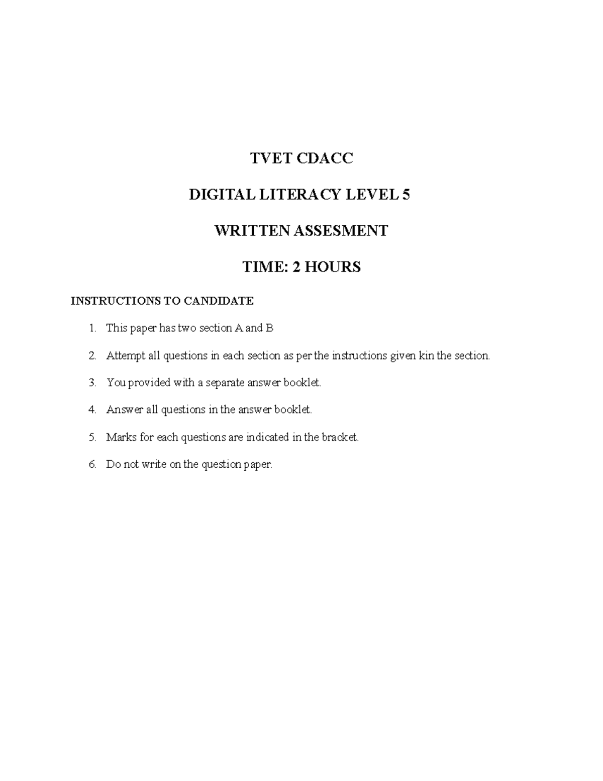 Digital Literacy Level 5 TVET CDACC DIGITAL LITERACY LEVEL 5 WRITTEN