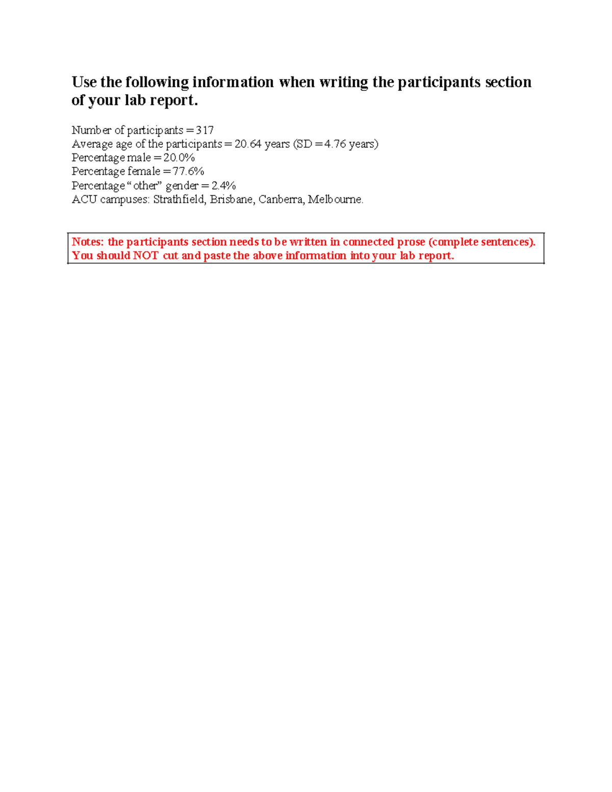 Lab Report Participant information and Results 2023 - Use the following ...